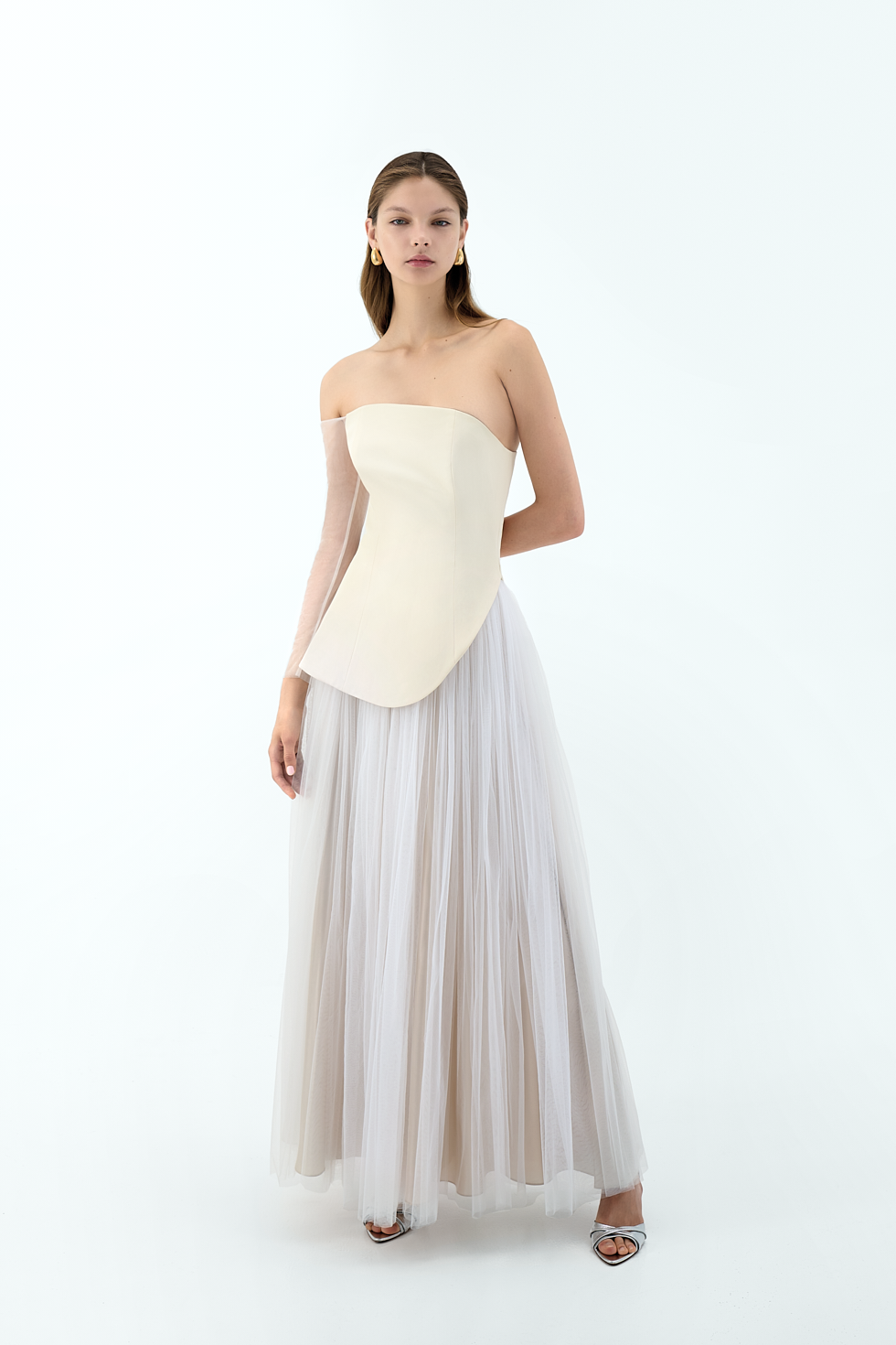 mango asymmetric dress pleated Asymmetric Crepe Gown with Tulle Skirt and Tulle Sleeve – Bazza Alzouman