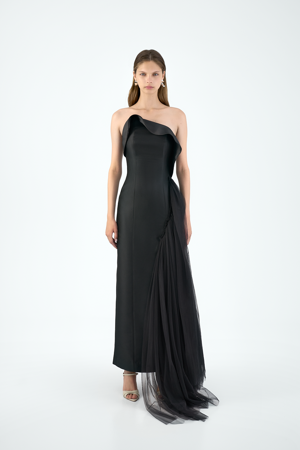 Strapless Asymmetric Gown with Black Tulle Drape – Bazza Alzouman