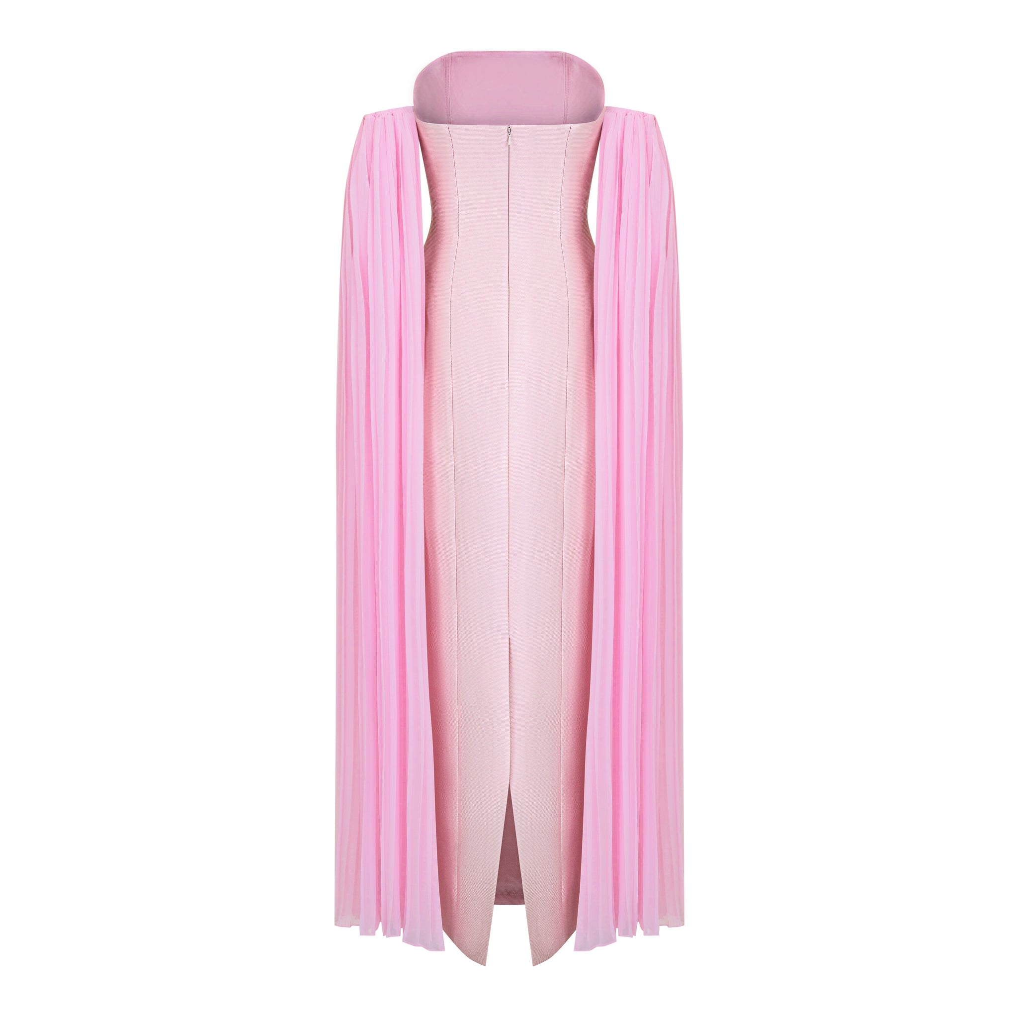 Off Shoulder Mikado Pique Gown With Long Pleated Sleeve