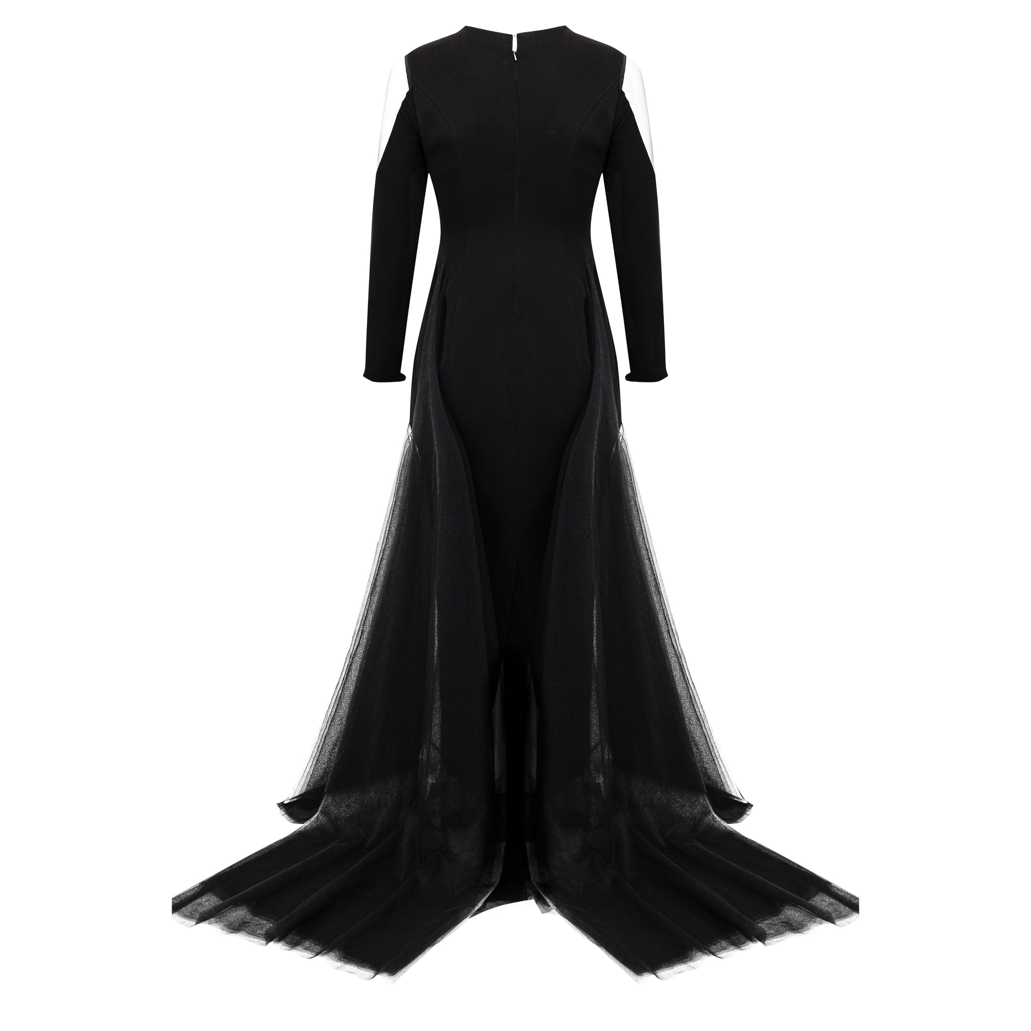 Long Sleeve Skinny Gown With Illusion Cut Out Sleeve and Tulle Applique on Skirt