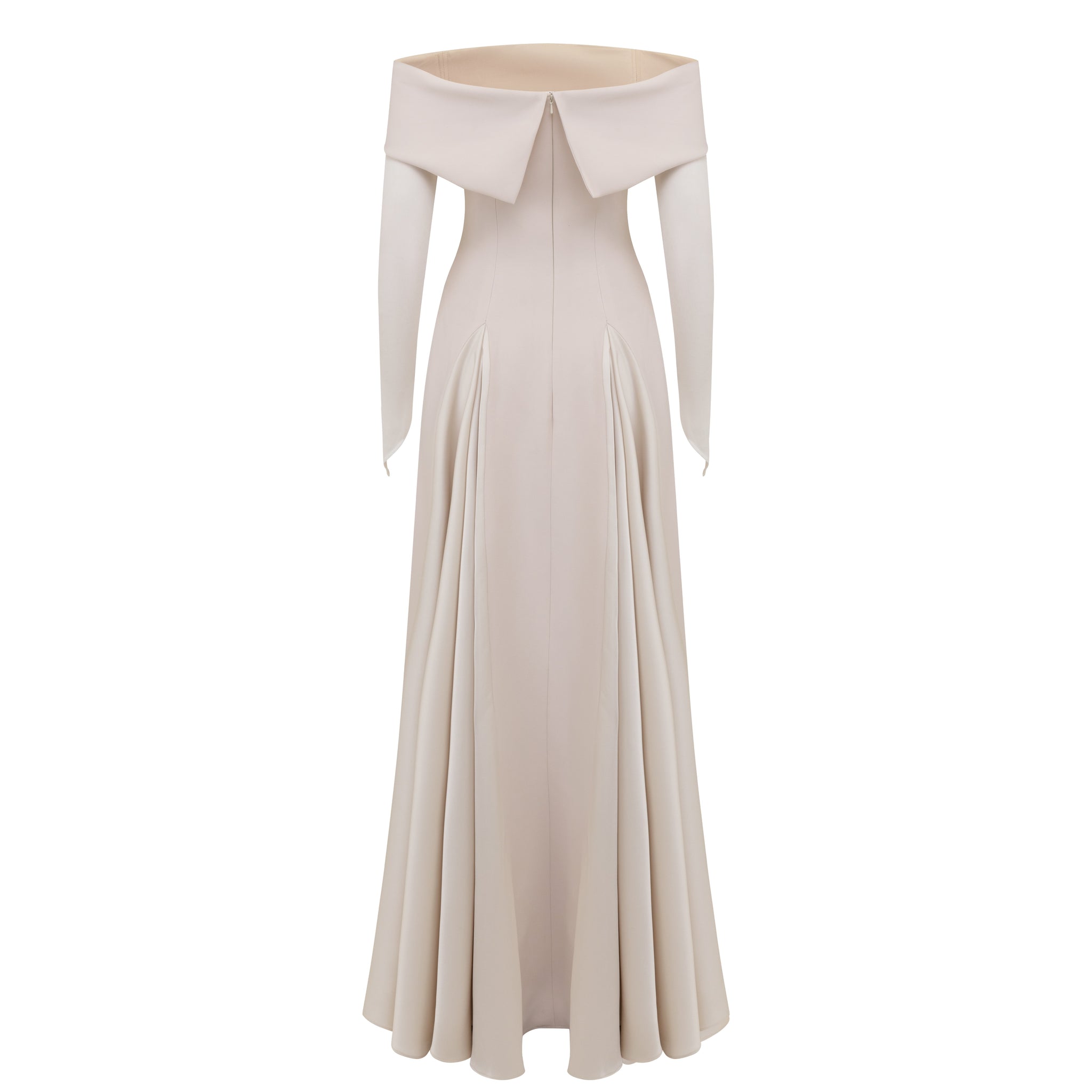 Off shoulder Crepe Gown with Stretch Tulle Glove and Satin Box Pleats