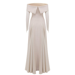 Off shoulder Crepe Gown with Stretch Tulle Glove and Satin Box Pleats