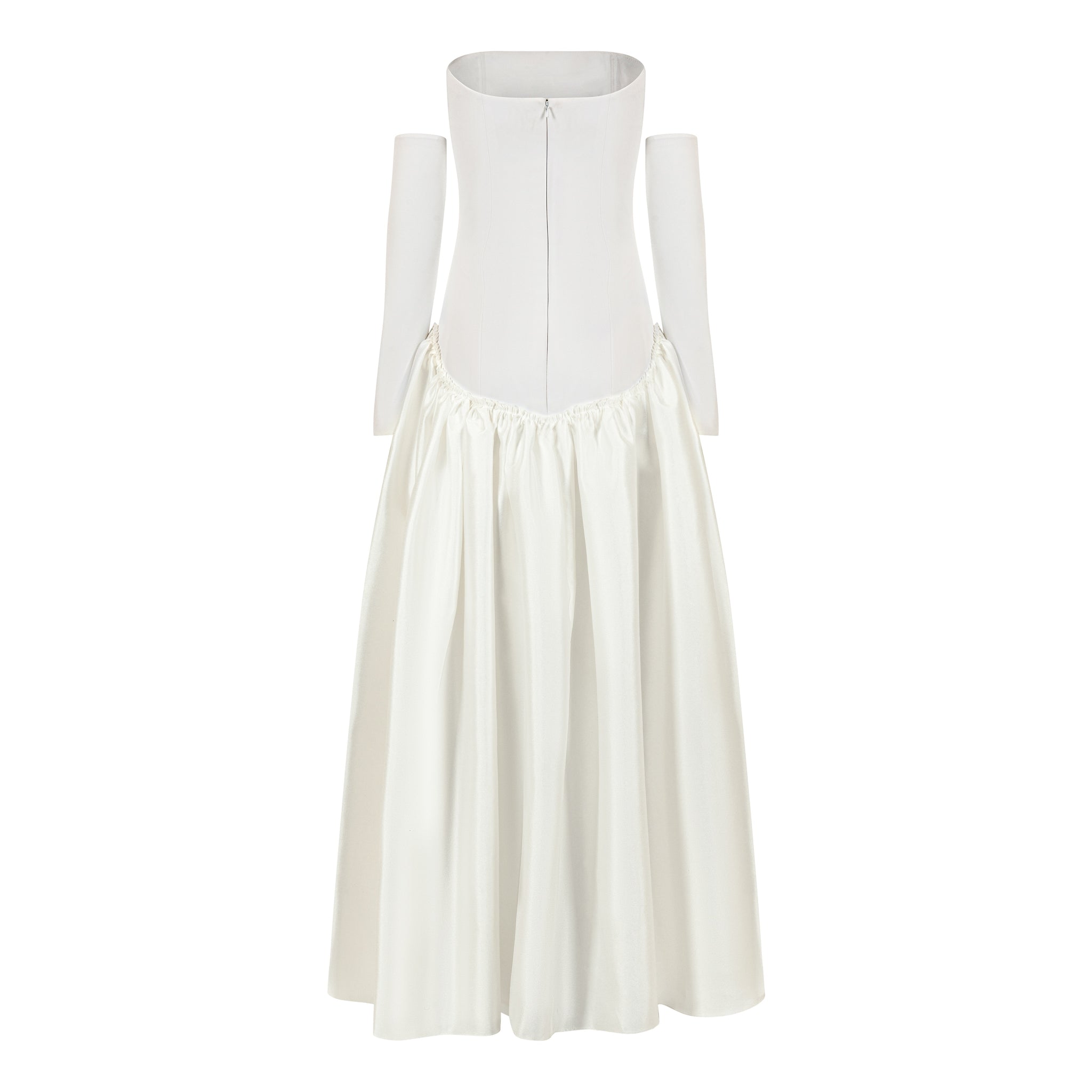 Off-Shoulder Crepe Gown With Puff Mikado Skirt