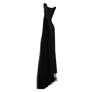 Strapless Asymmetric Gown with Black Tulle Drape