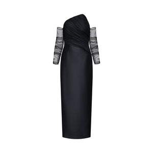 Off-Shoulder Mikado Pique Gown With Asymmetric Tulle Draped Bodice And Tulle Sleeves