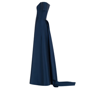 Strapless Off Shoulder A Line Gown with Asymmetric Train