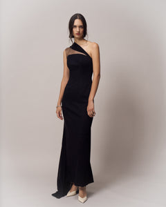 Asymmetric Black Gown With Pleated Train Bazza Alzouman Asymmetric Black Gown With Pleated Train Bazza Alzouman