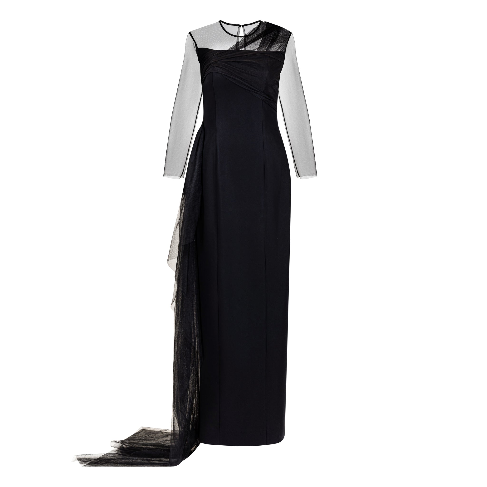 Black Illusion Sleeve Gown With Side Tulle Drape