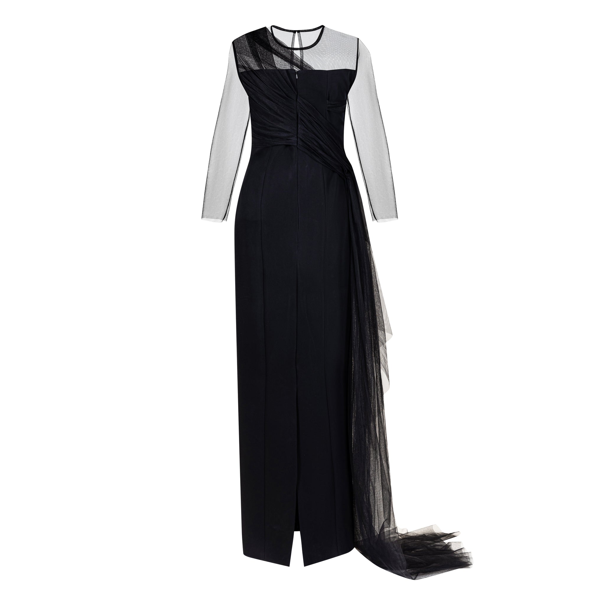Black Illusion Sleeve Gown With Side Tulle Drape