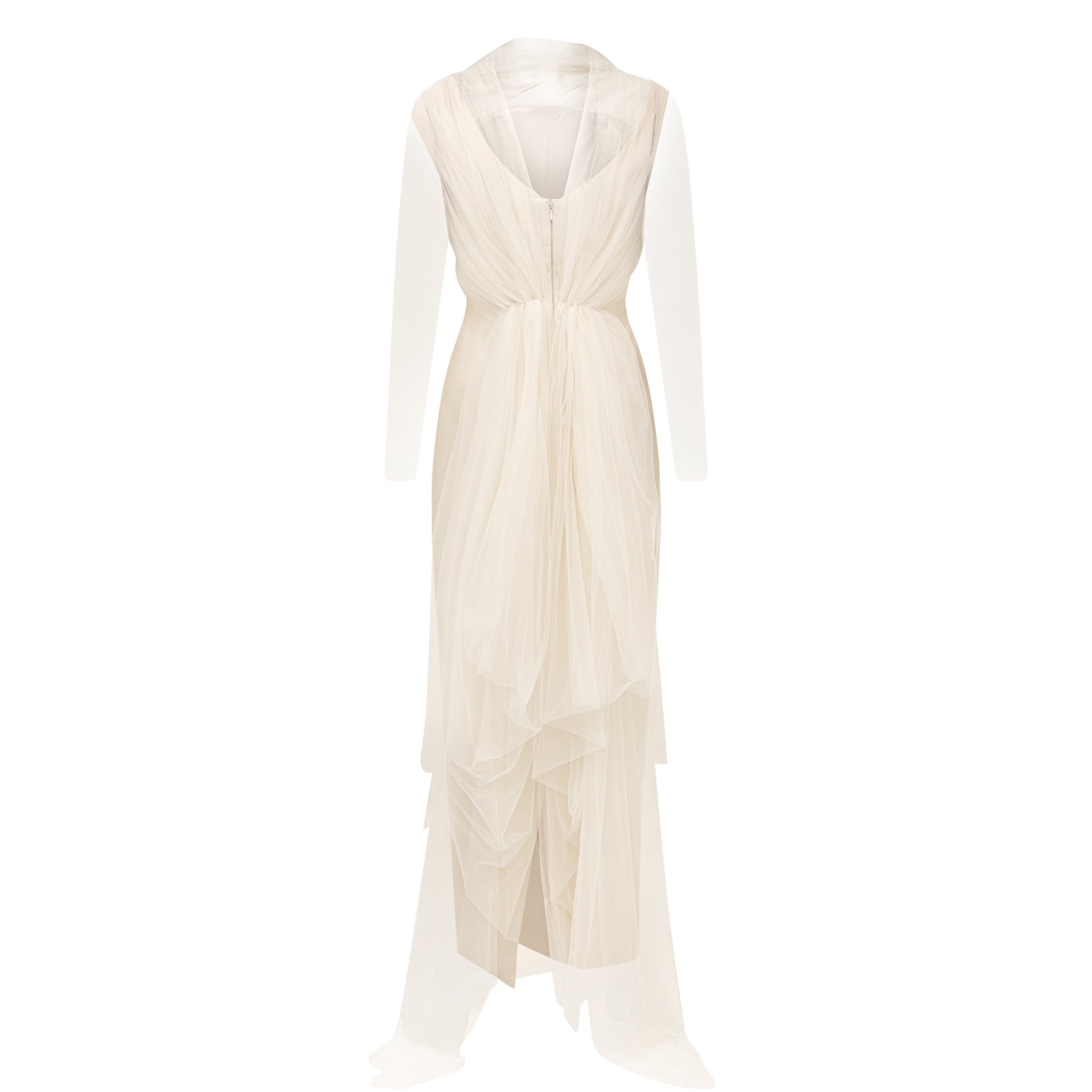 High Neck Illusion Sleeve Gown with Tulle Train