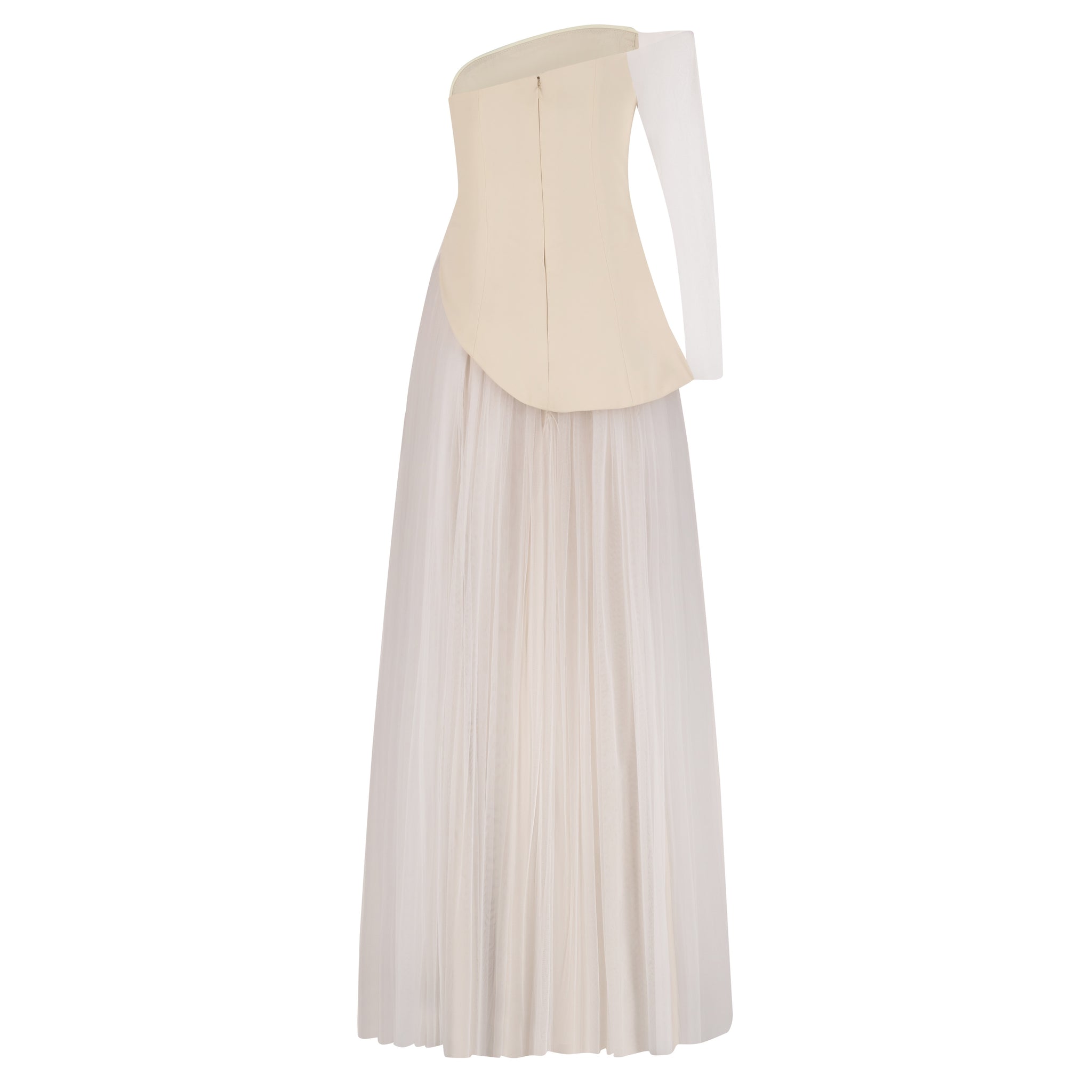 Asymmetric Crepe Gown with Tulle Skirt and Tulle Sleeve