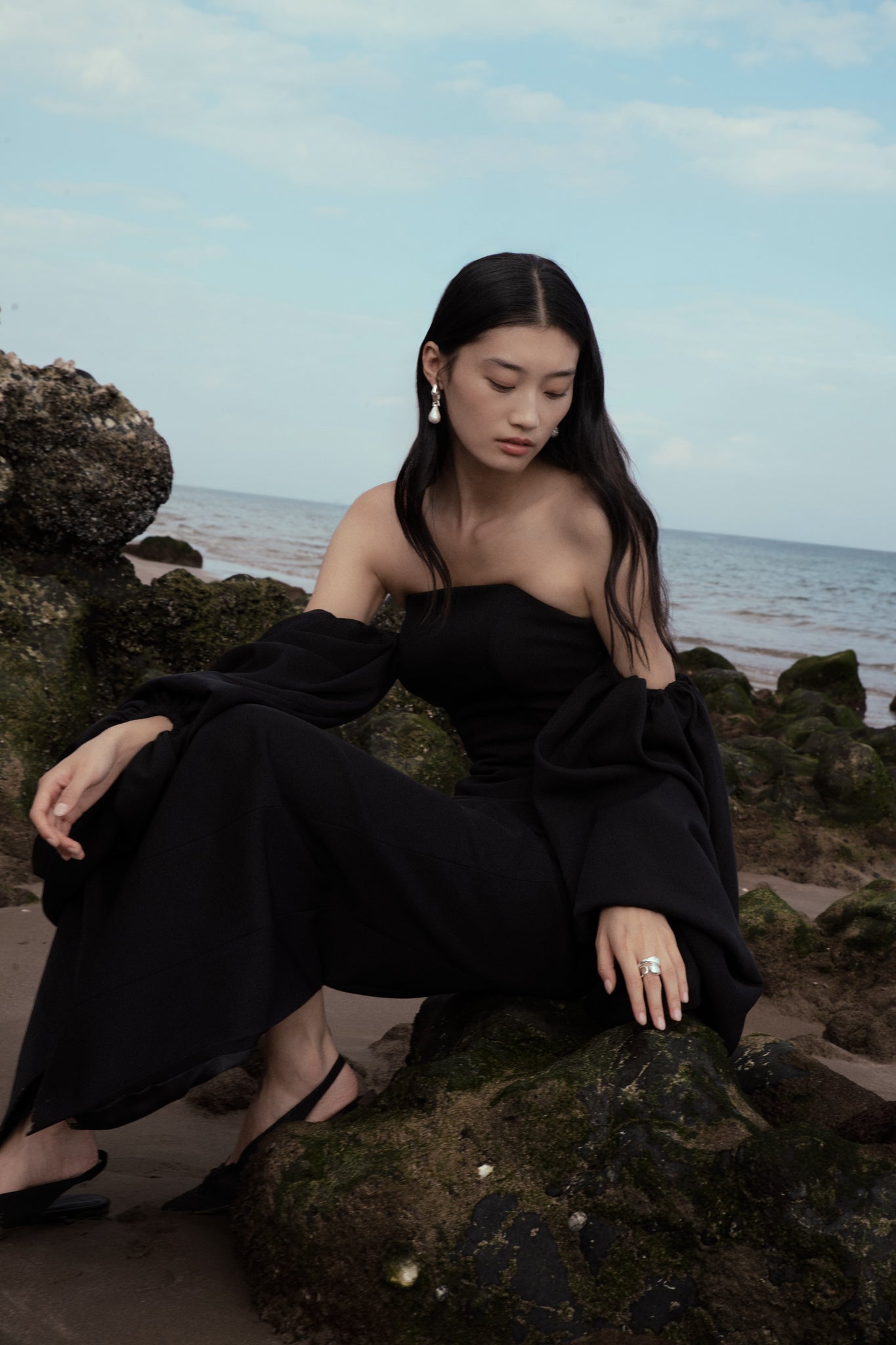 off shoulder balloon sleeve dress Detachable Off-Shoulder Puff Sleeve