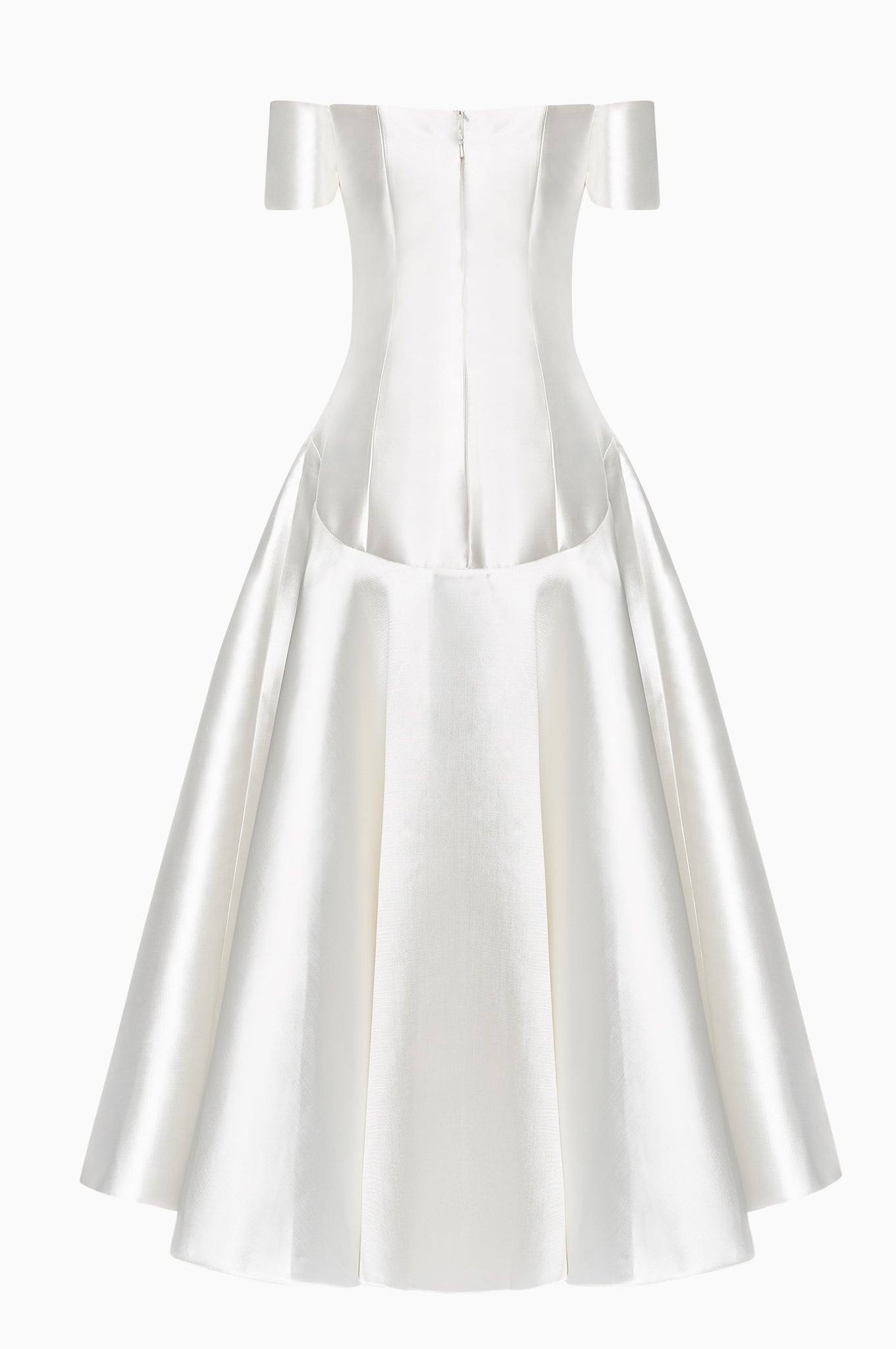 Off shoulder A line mikado gown with illusion plunge neckline