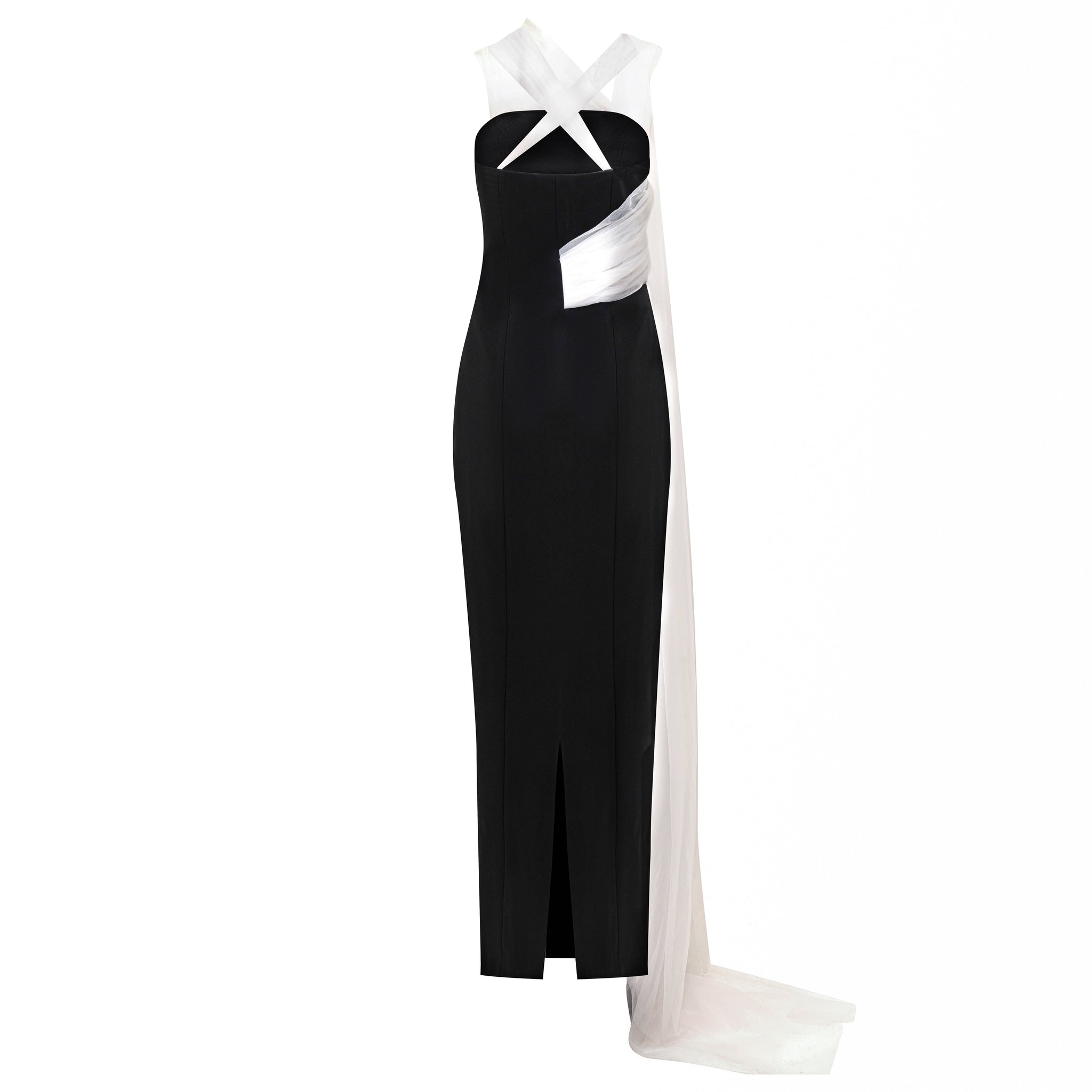 Strapless Crepe Gown with Tulle Drape
