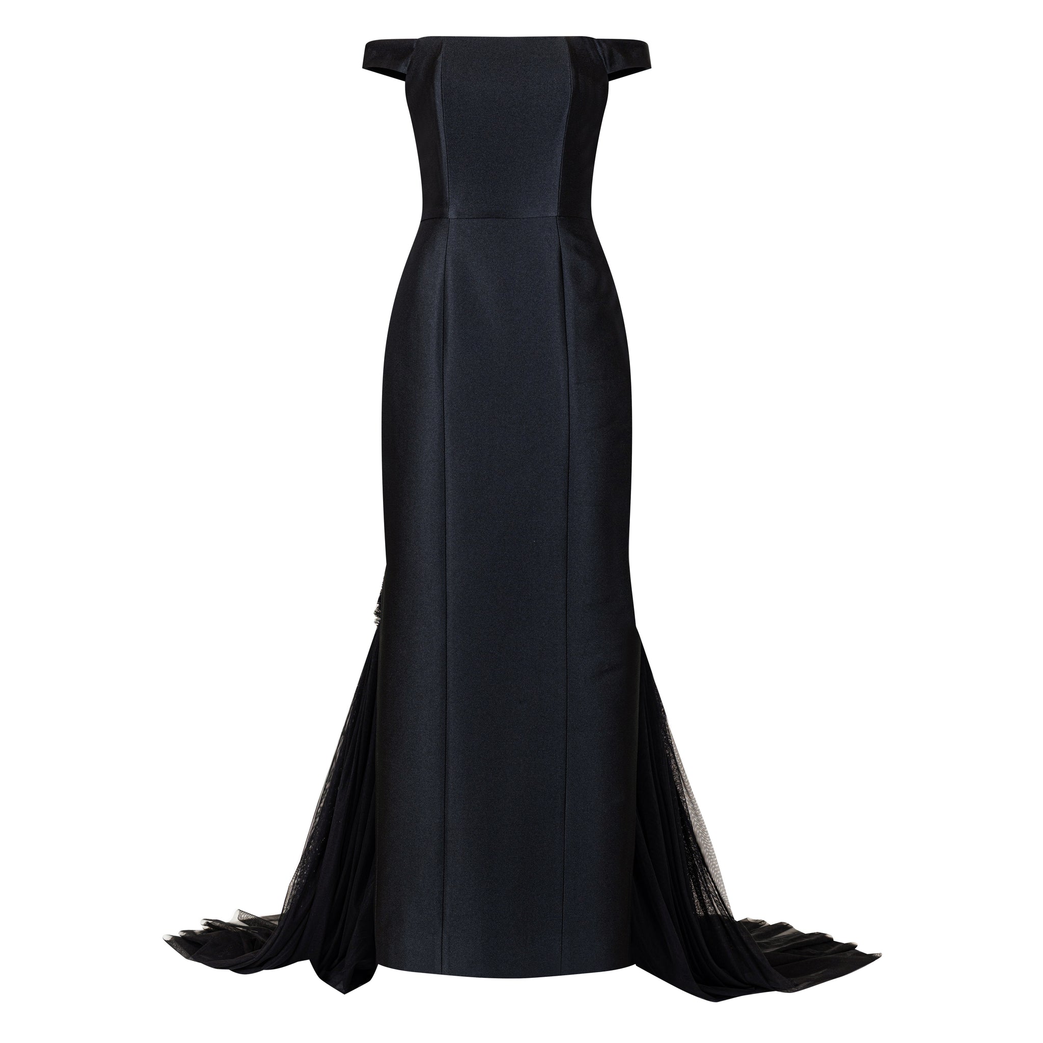Off-shoulder Mikado Crepe Gown With Soft Tulle Bustle