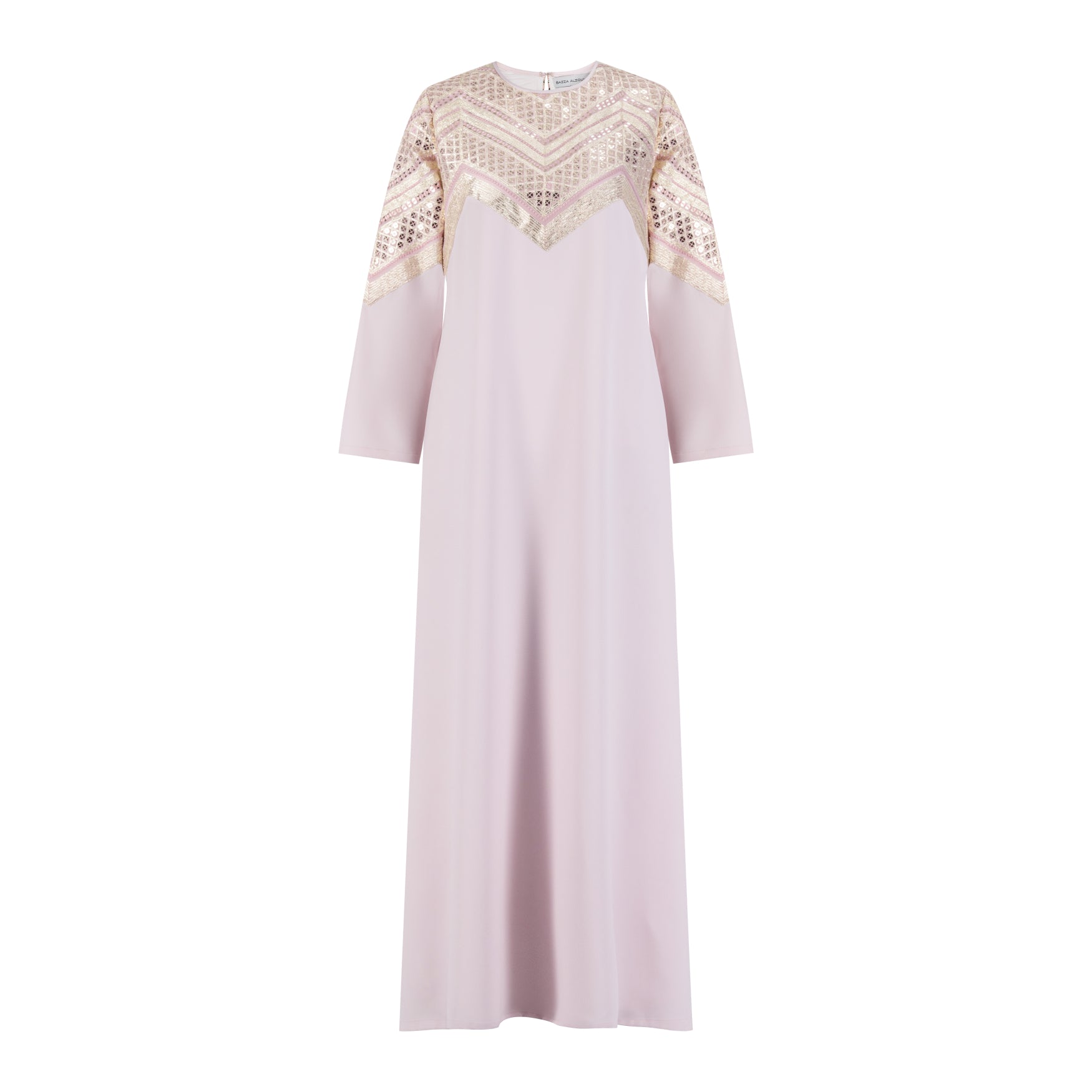 Pink and Pink Crepe shift kaftan with embroidered neckline applique
