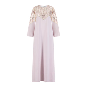 Pink and Pink Crepe shift kaftan with embroidered neckline applique