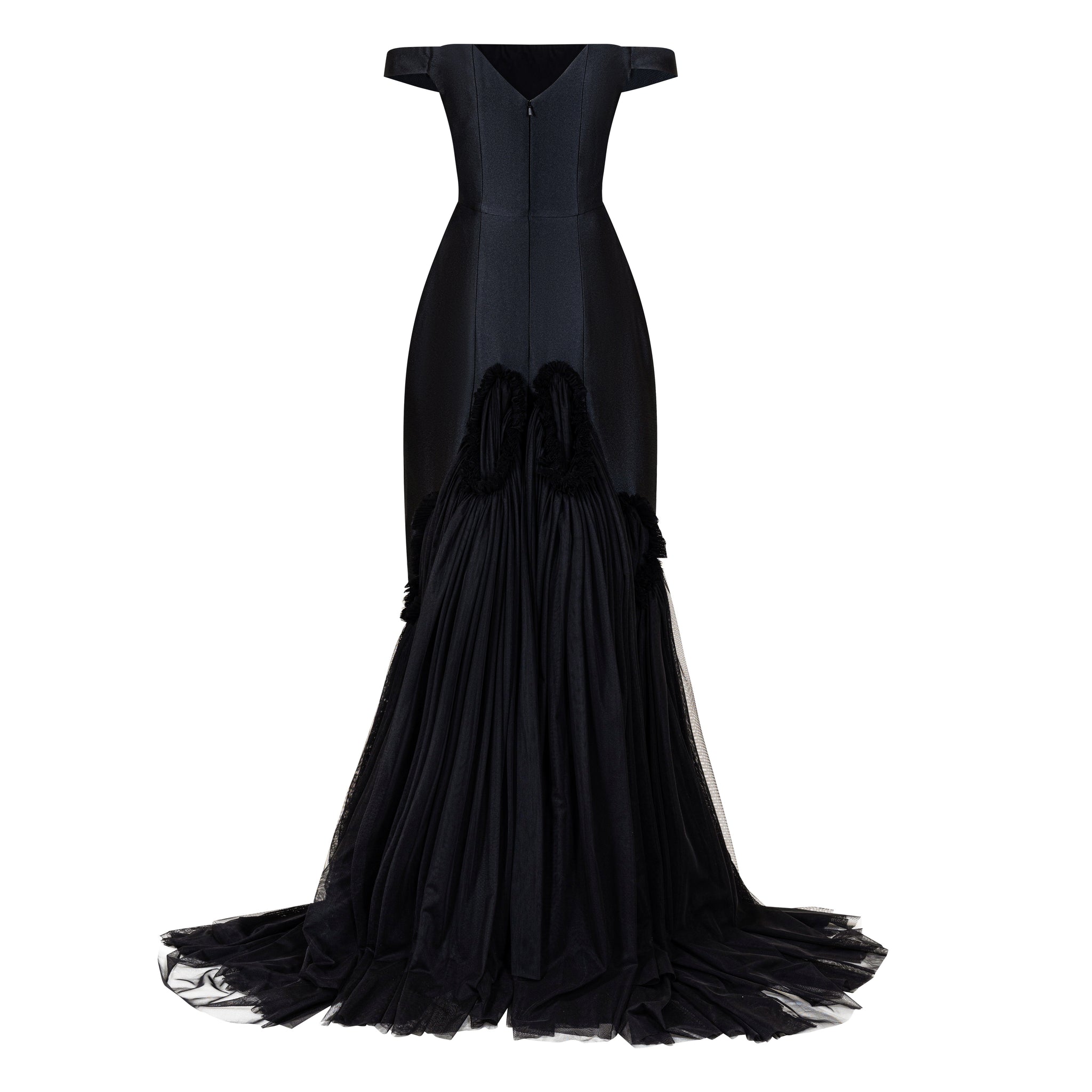 Off-shoulder Mikado Crepe Gown With Soft Tulle Bustle
