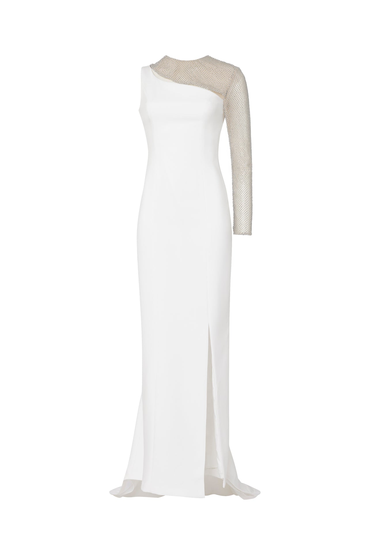 Crepe gown with single rhinestone sleeve and neck cut out
