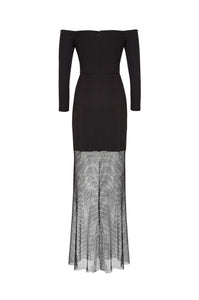 Off shoulder crepe dress with transparent skirt and net detail on sleeve