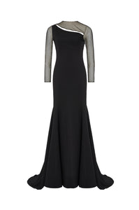 Long sleeve mermaid crepe gown with cutout neck detail