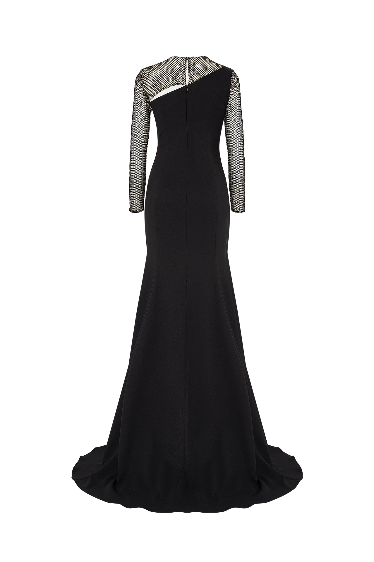 Long sleeve mermaid crepe gown with cutout neck detail