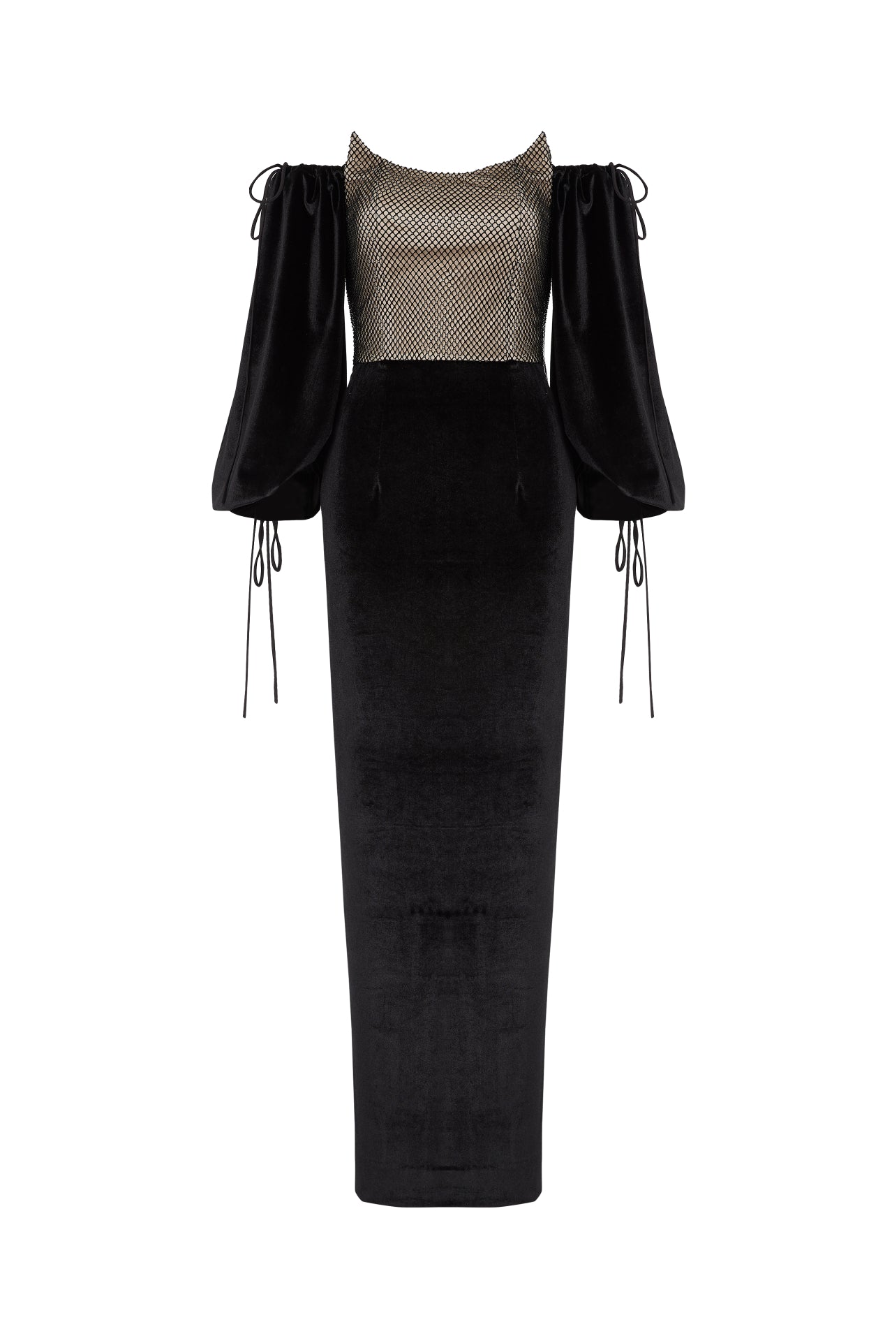 Black off- shoulder velvet gown with embellished bodice and puff sleeve