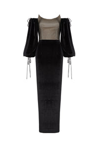 Black off- shoulder velvet gown with embellished bodice and puff sleeve