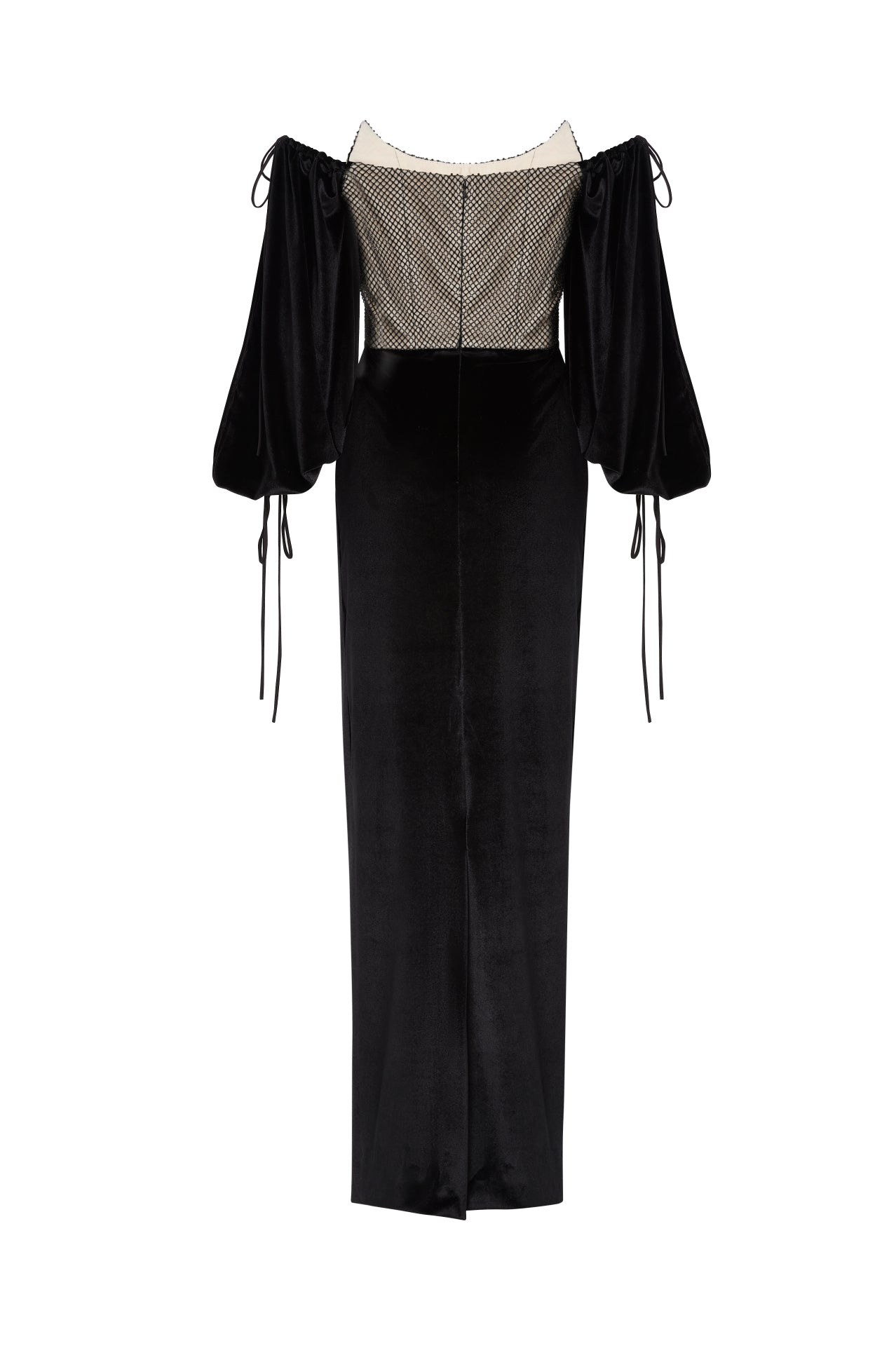 Black off- shoulder velvet gown with embellished bodice and puff sleeve