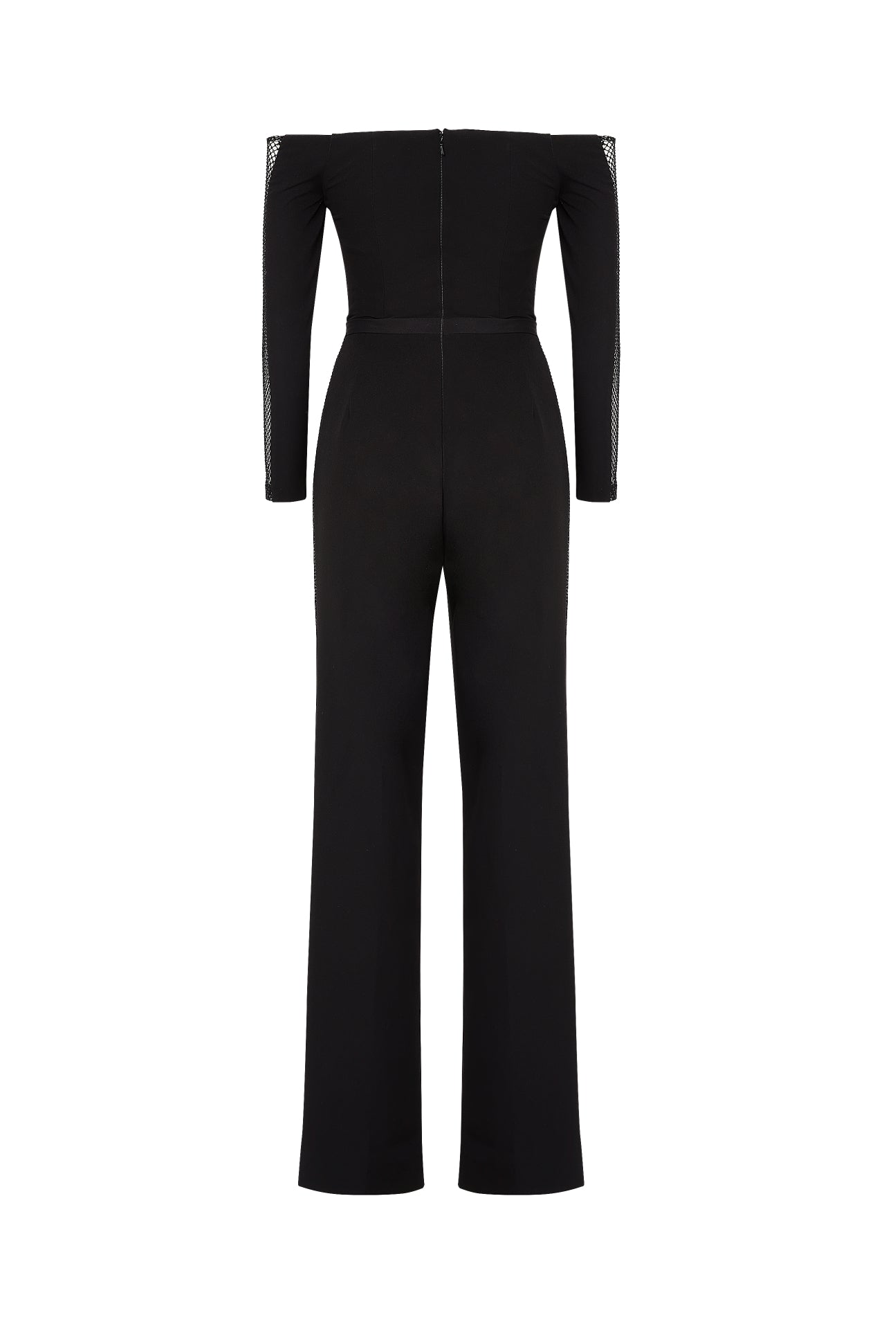 Off shoulder jumpsuit with transparent side inserts on sleeves and pants