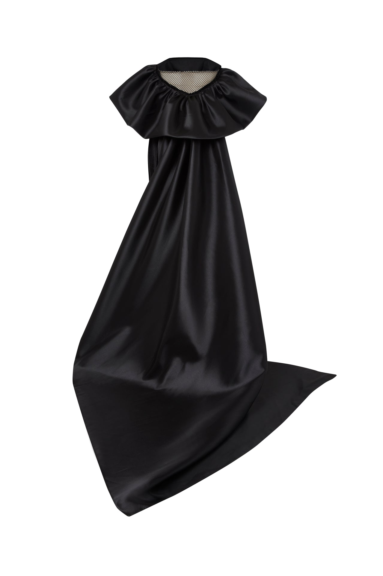 Strapless velvet dress with statement train and tulle glove