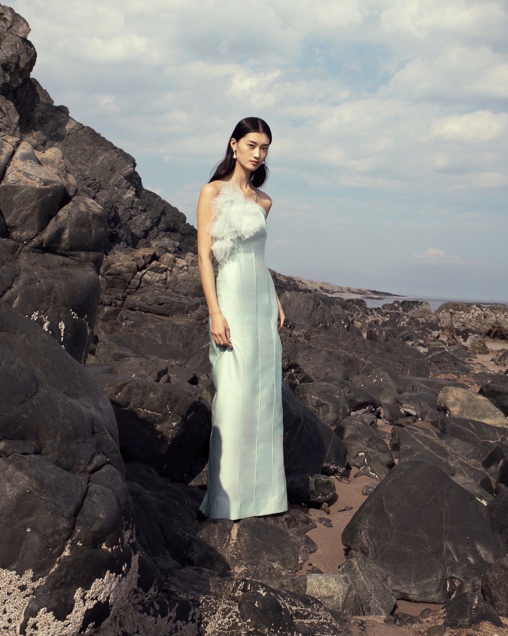 Strapless Column Gown with Floral Tulle Applique Bazza Alzouman Strapless Column Gown with Floral Tulle Applique Bazza Alzouman