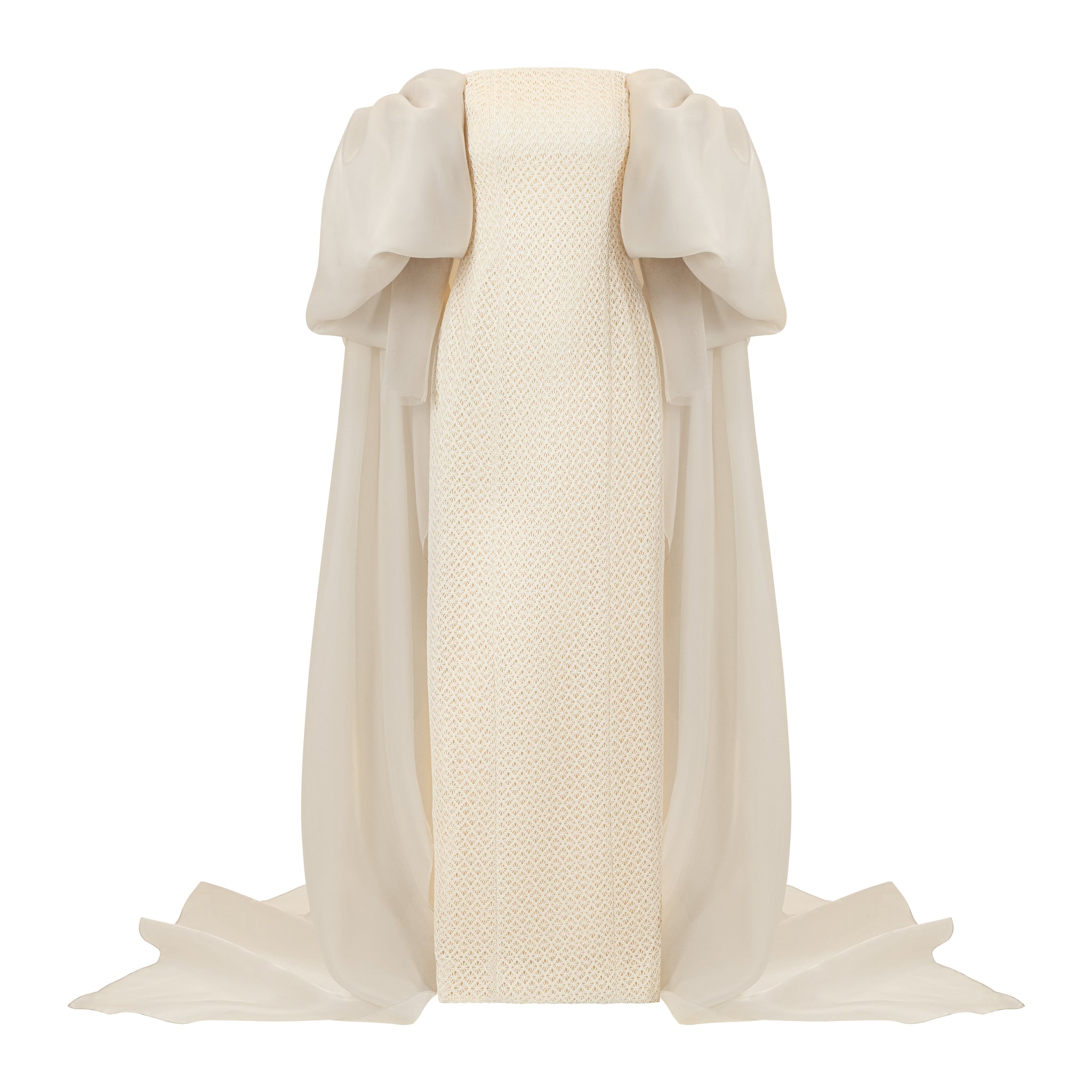 Off-shoulder Crochet Gown With Organza Bows