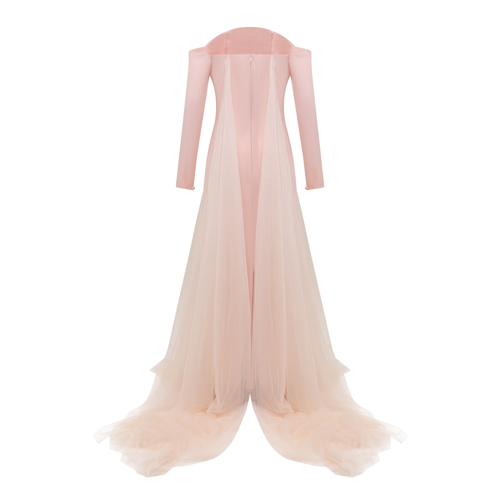 Off-shoulder Crepe Gown with Half Moon Neckline and Tulle Train