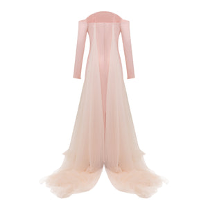 Off-shoulder Crepe Gown with Half Moon Neckline and Tulle Train