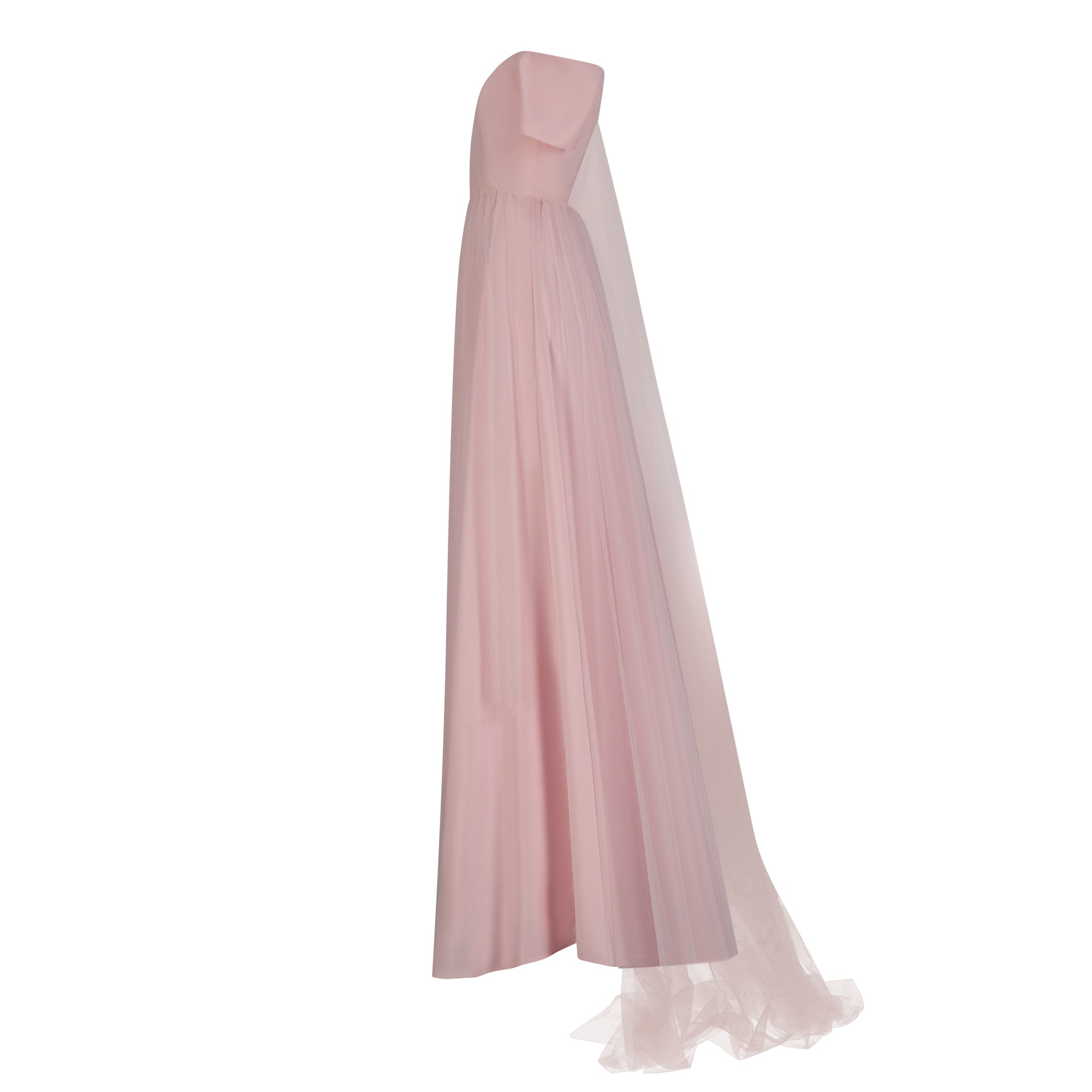 Off Shoulder Gown with Asymmetric Tulle Drape