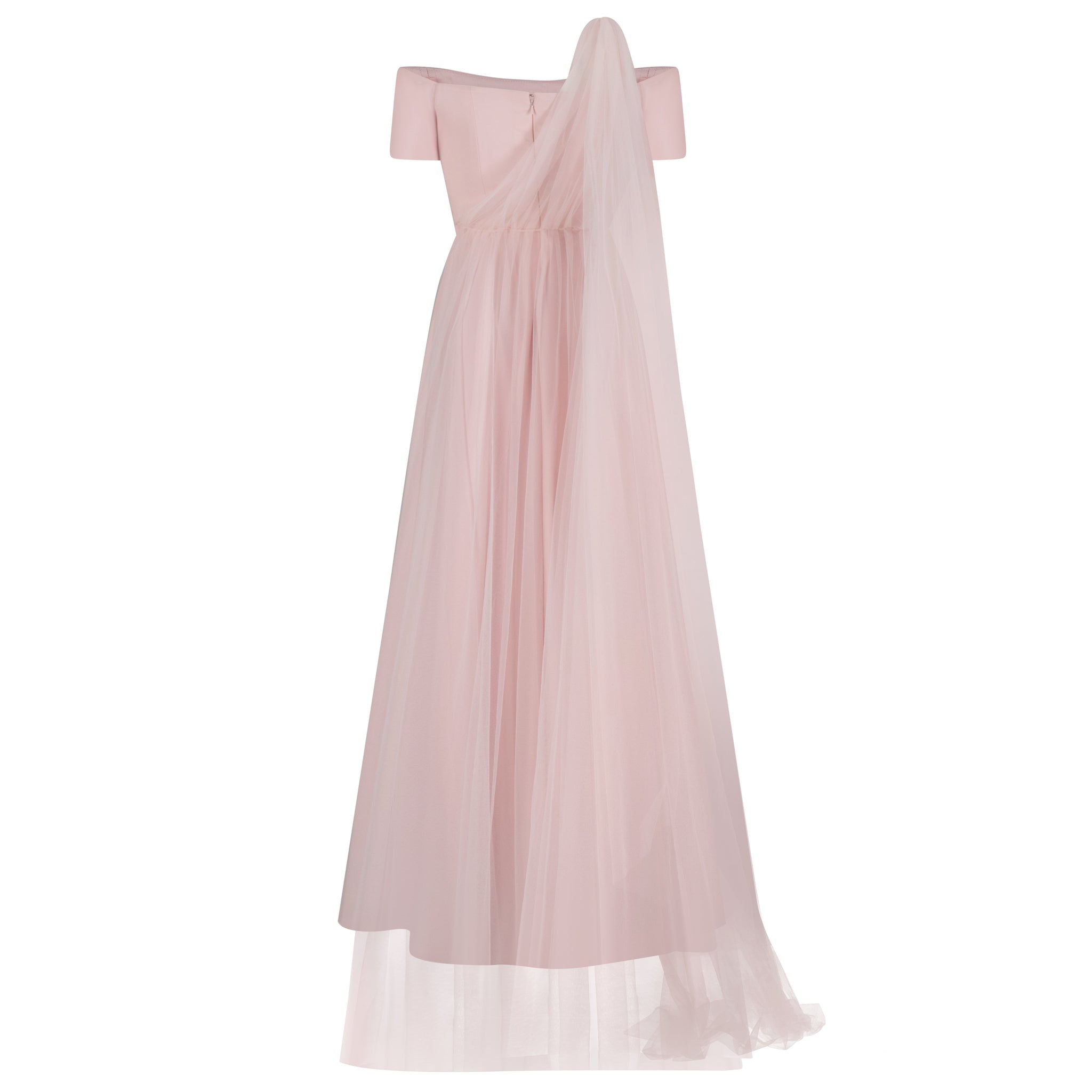 Off Shoulder Gown with Asymmetric Tulle Drape