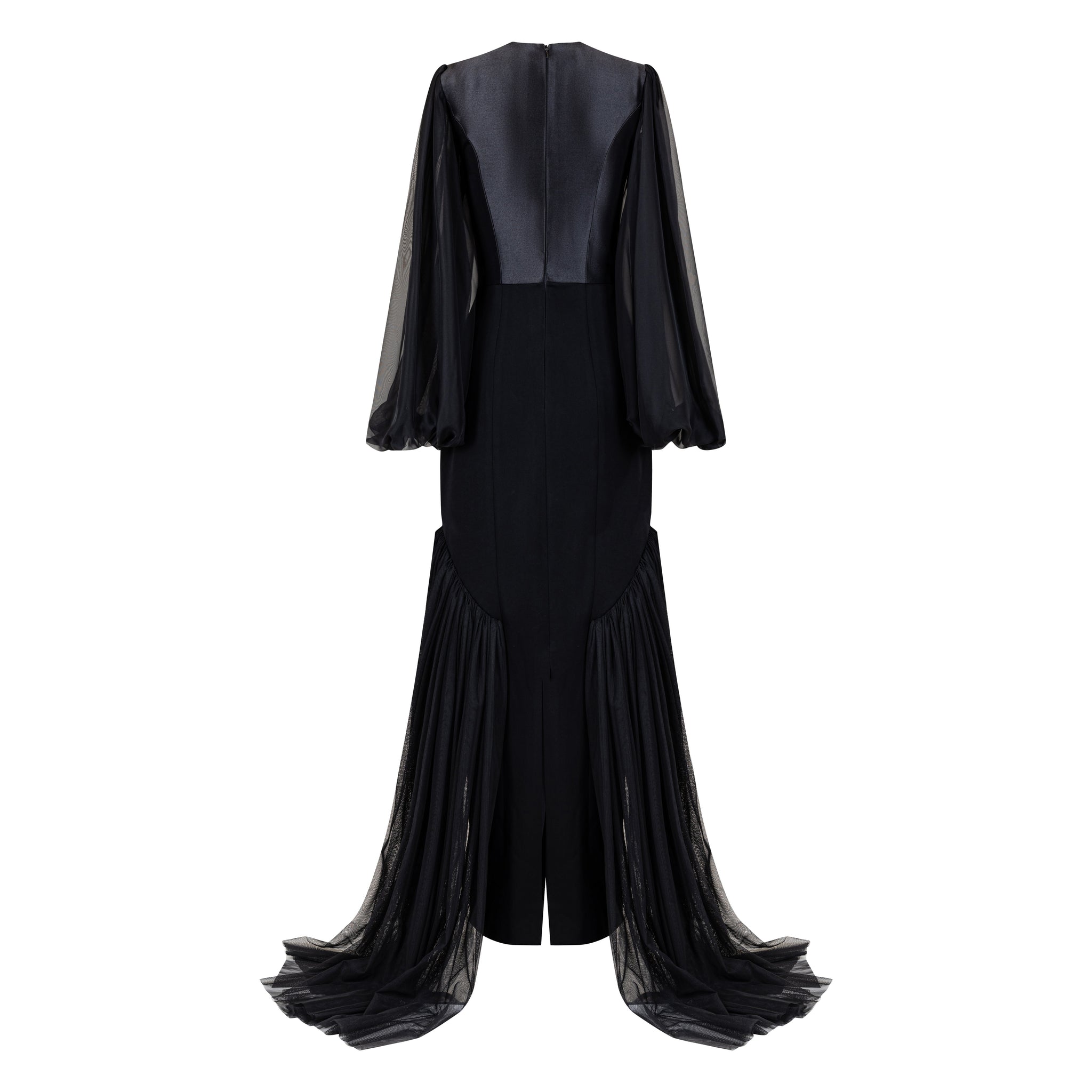 Long Sleeve Keyhole Neckline Gown With Chiffon Sleeve And Side Train