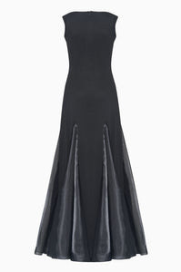 Sleeveless stretch crepe a line gown with neckline cutout, organza inserts, and tulle fringe gloves