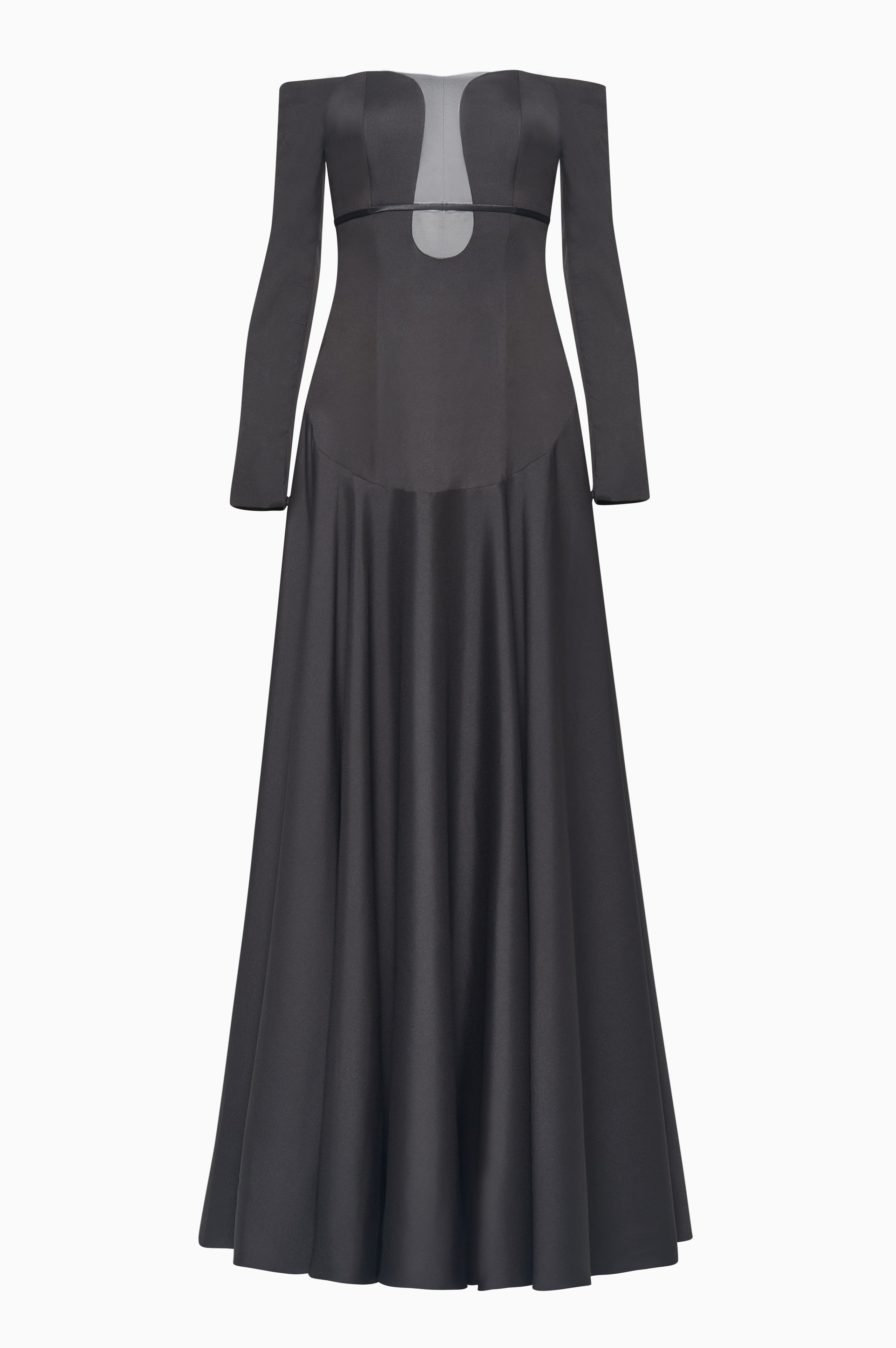 Black Crepe A Line Off Shoulder Gown with Plunge Neckline and Belt