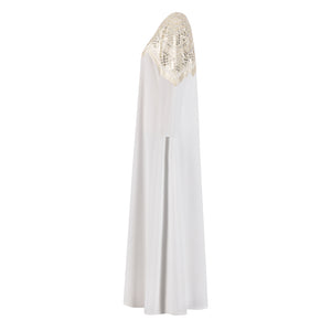 White and Gold Crepe shift kaftan with embroidered neckline applique
