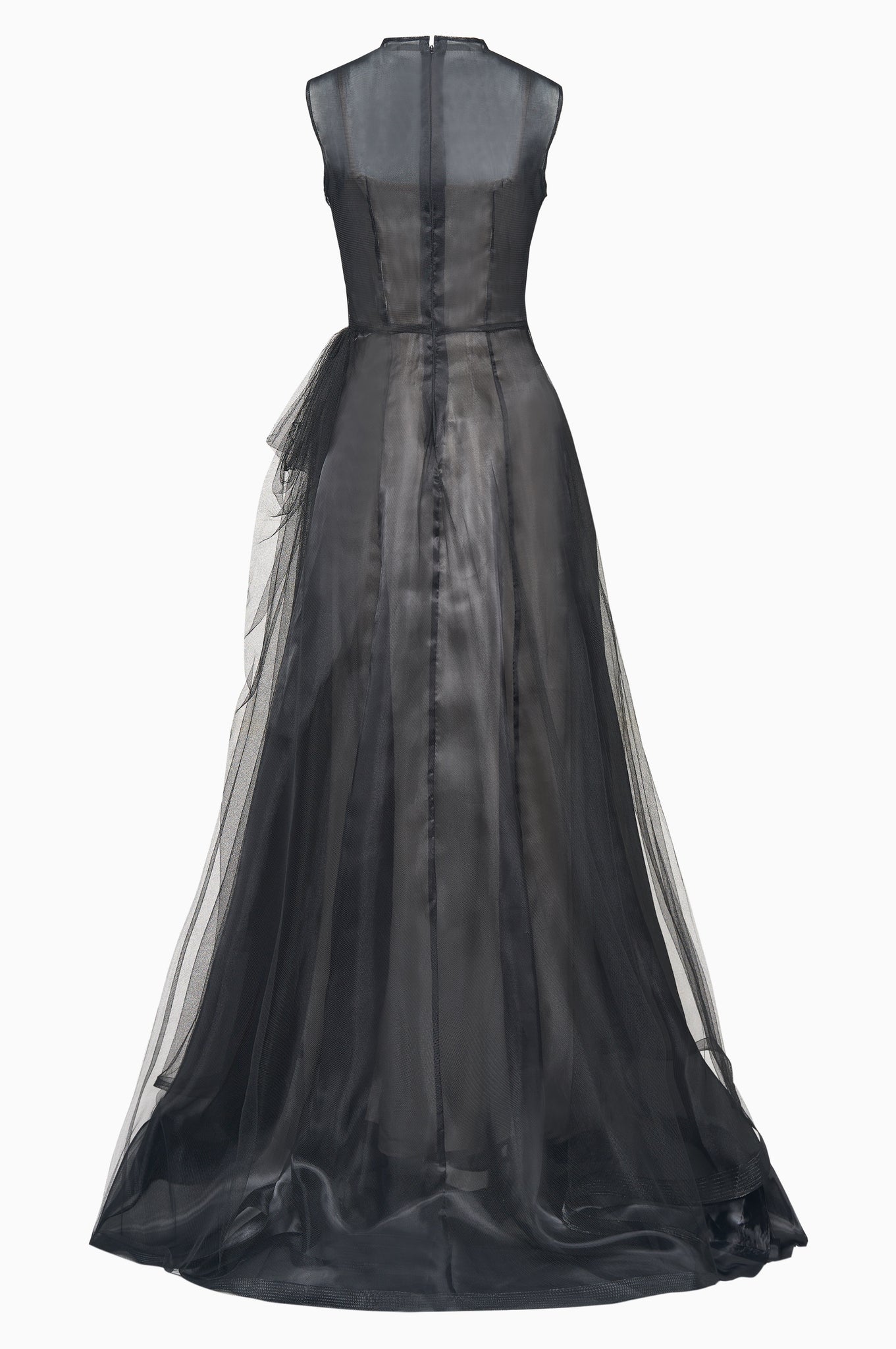 Black organza gown with tulle drape overlay and asymmetrical hem