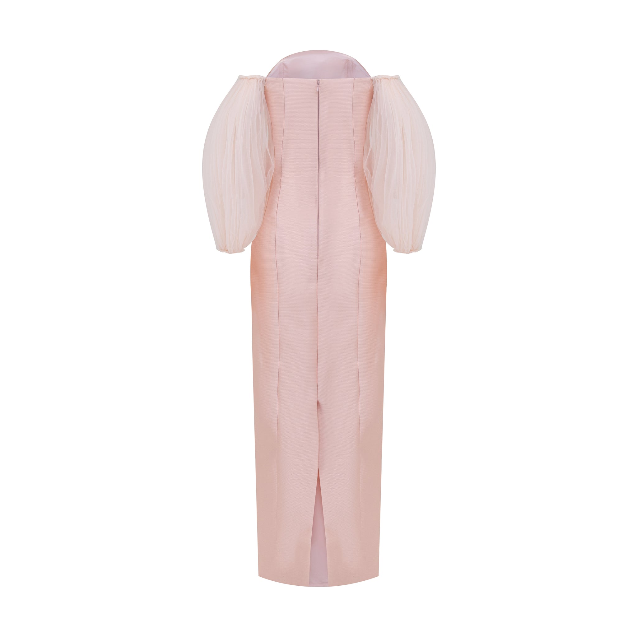 Off-shoulder Pink Column Gown with Gathered Tulle Sleeve