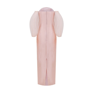 Off-shoulder Pink Column Gown with Gathered Tulle Sleeve