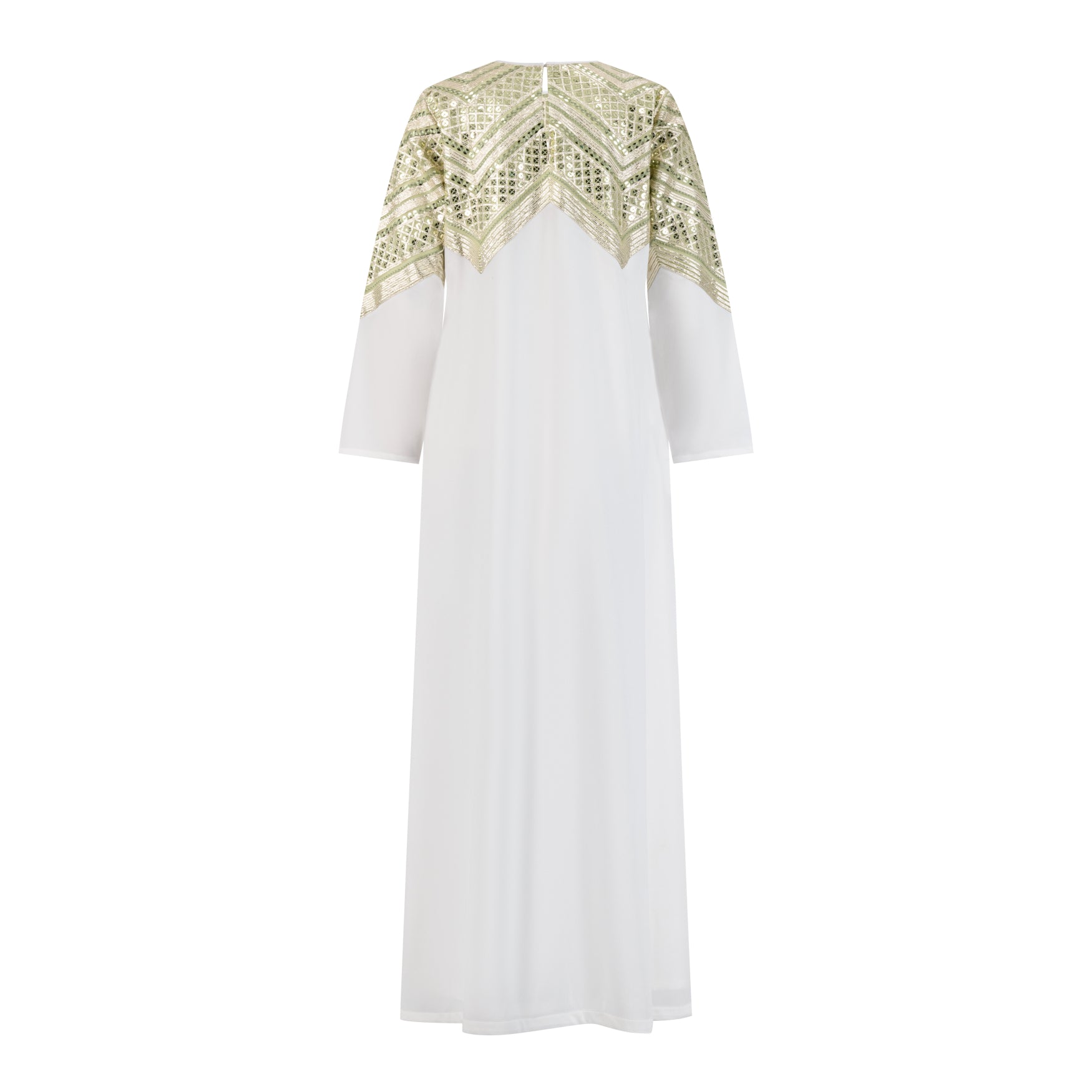 White and Green Crepe shift kaftan with embroidered neckline applique