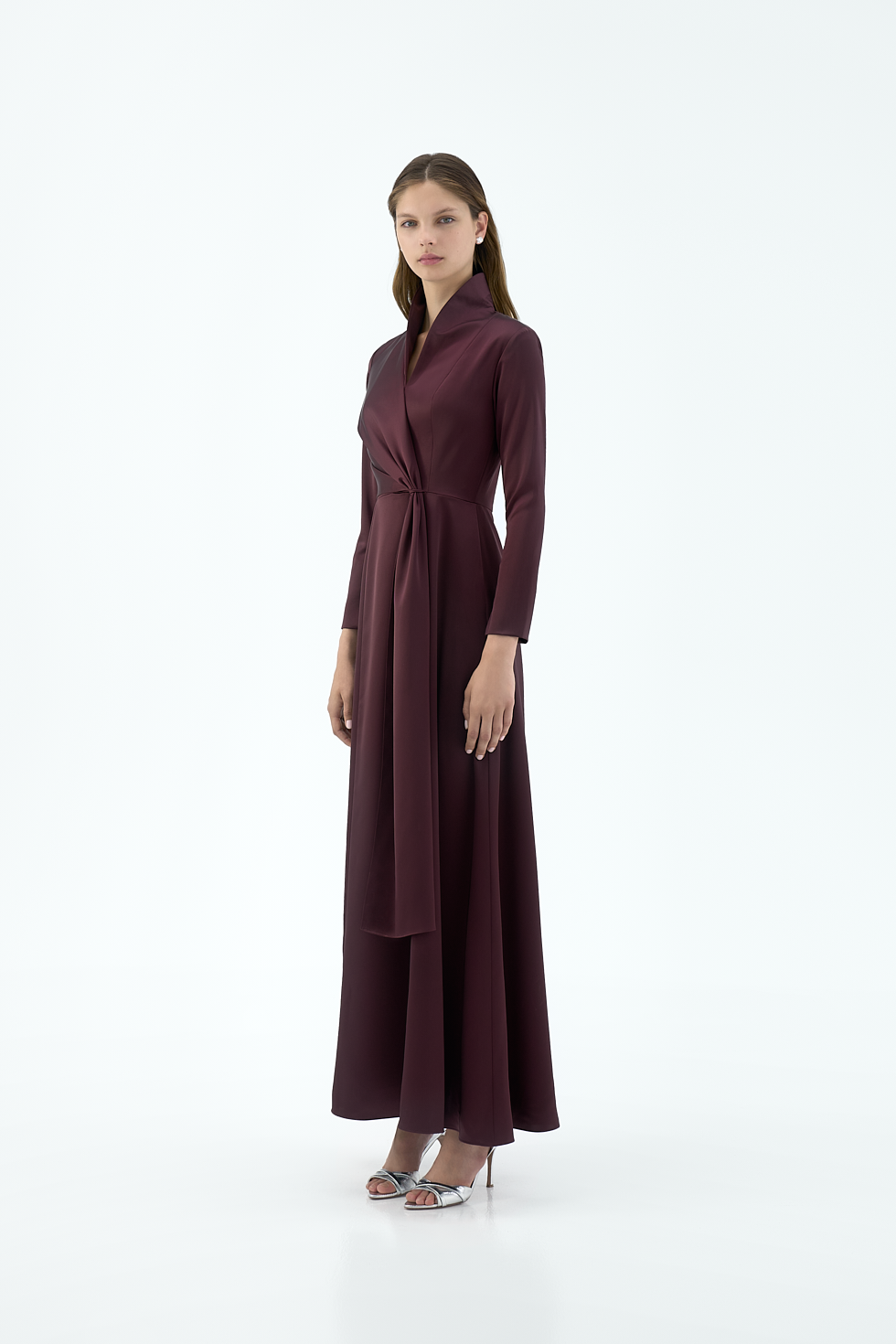 Long Sleeve Collared Wrap A Line Gown