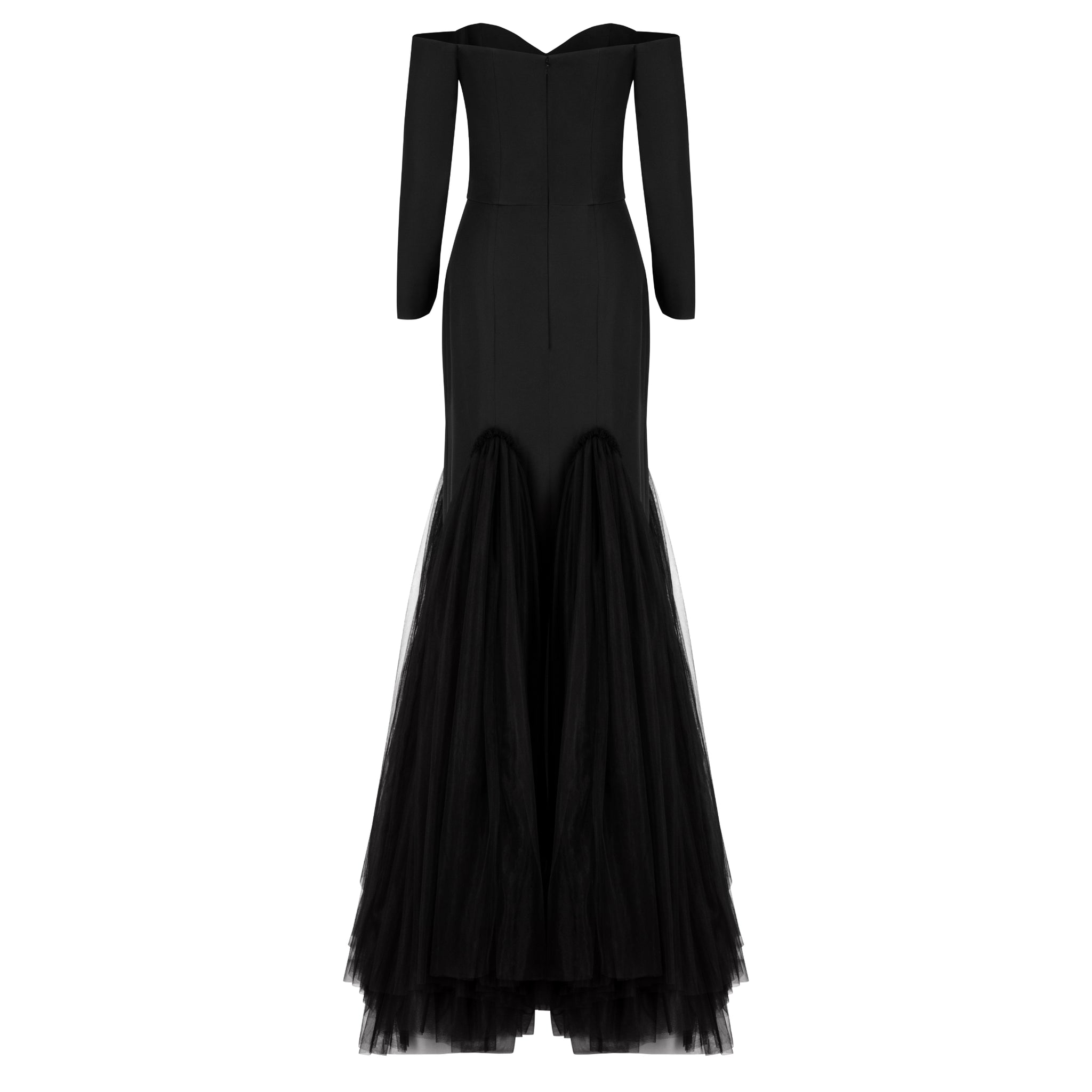 Off-Shoulder Crepe Skinny Gown with Tulle Train