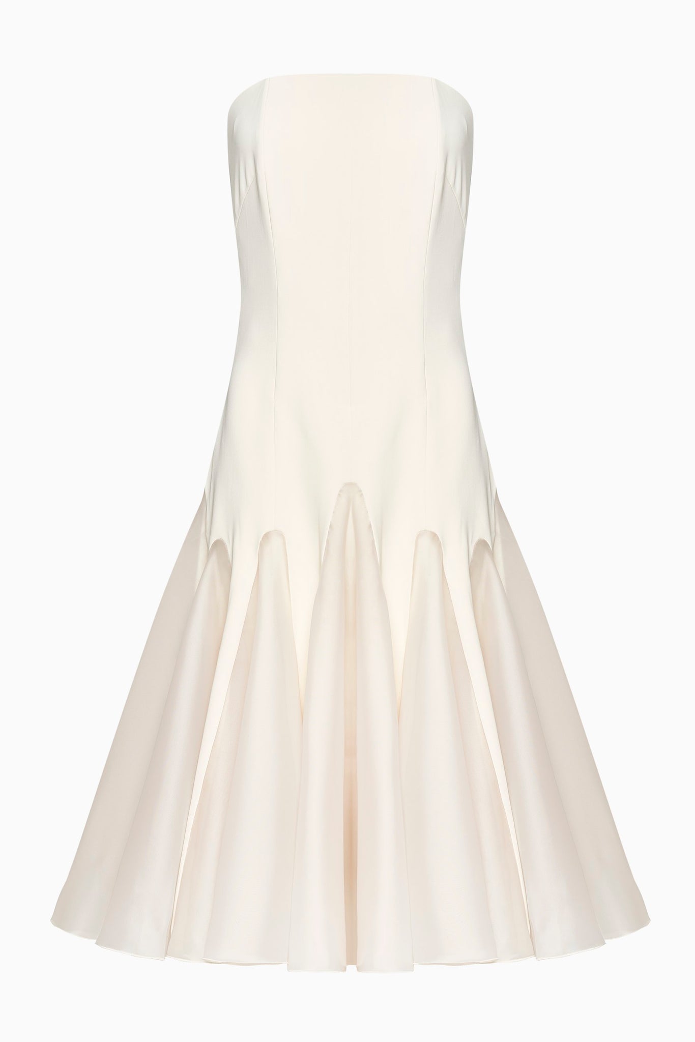 Strapless mid calf gown with organza inserts and cascade tulle glove