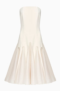 Strapless mid calf gown with organza inserts and cascade tulle glove