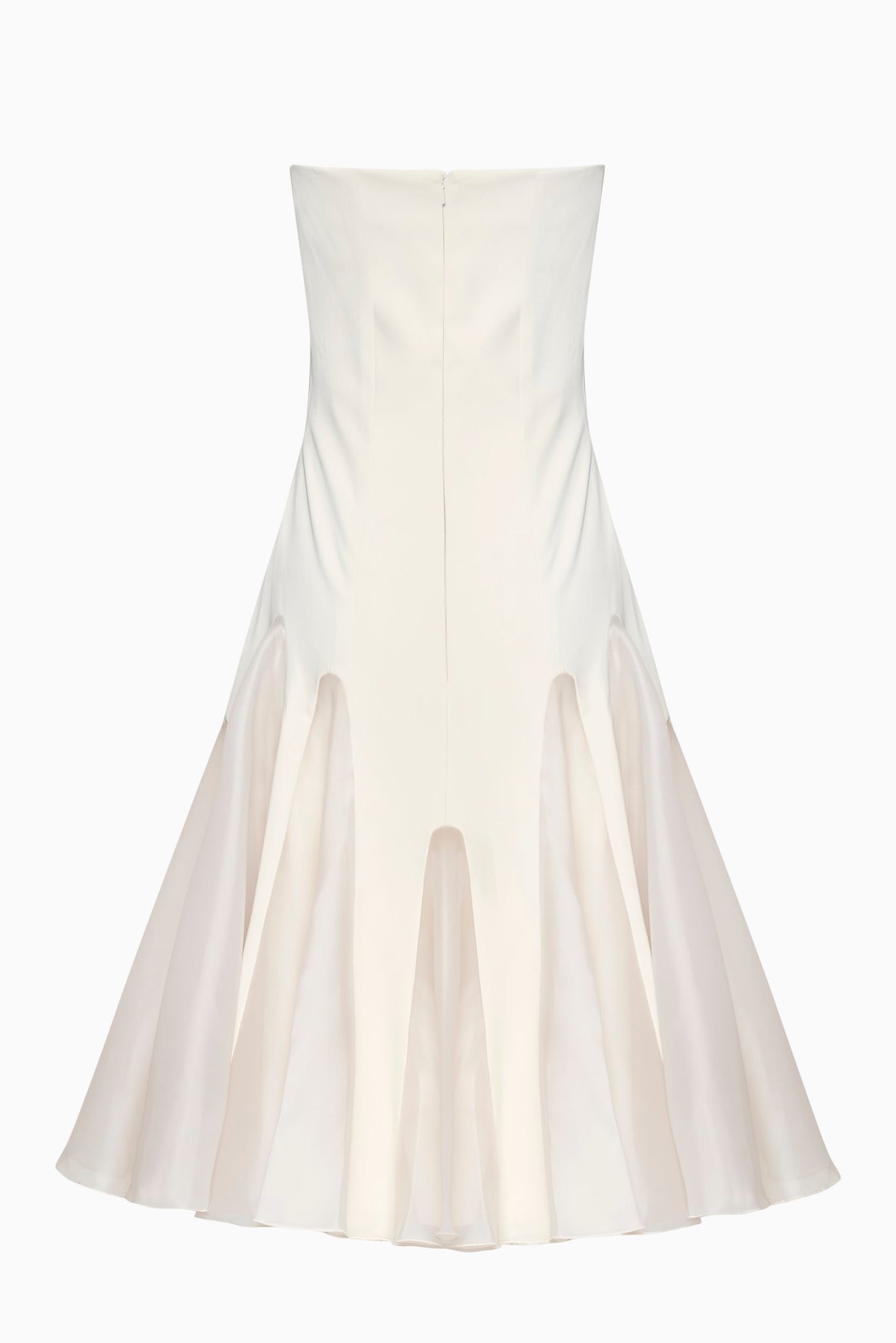 Strapless mid calf gown with organza inserts and cascade tulle glove